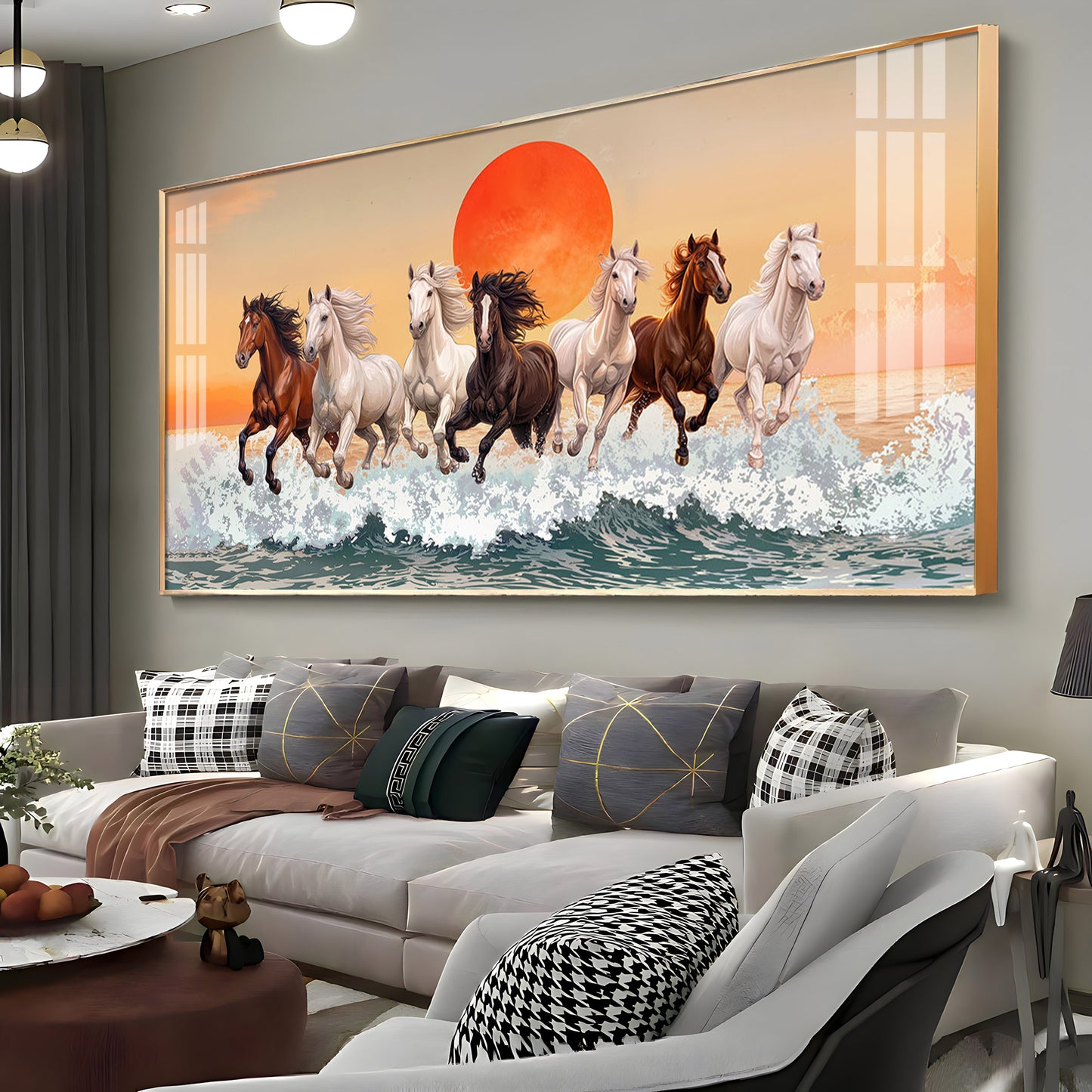 Seven Horses Glloping Across Ocean Premium Acrylic Horizontal Wall Art