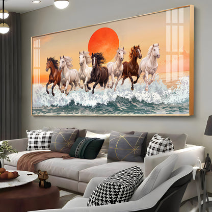 Seven Horses Glloping Across Ocean Premium Acrylic Horizontal Wall Art