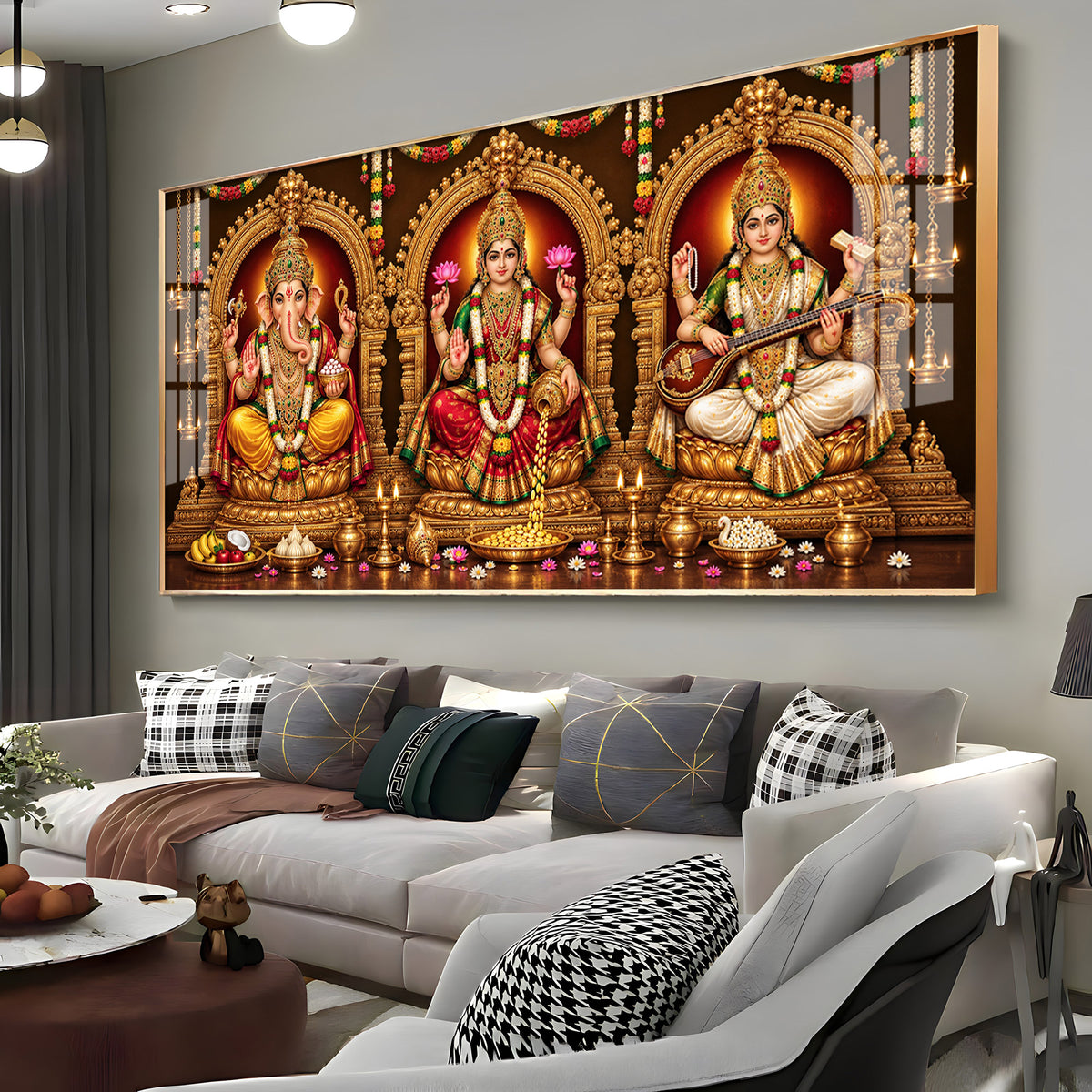 Goddess Laxmi, God Ganesh & Maa Saraswati Premium Acrylic Horizontal Wall Art
