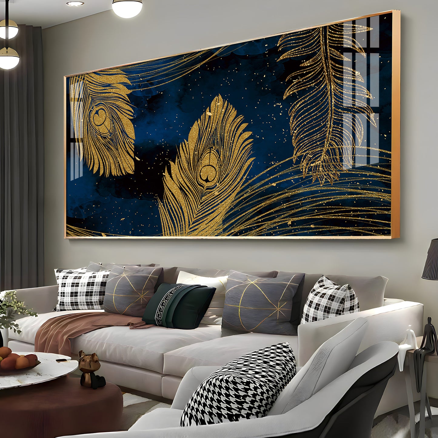Gold Metallic Peacock Feathers Premium Acrylic Horizontal Wall Art
