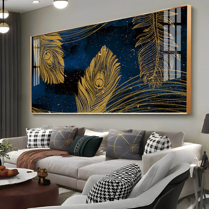 Gold Metallic Peacock Feathers Premium Acrylic Horizontal Wall Art