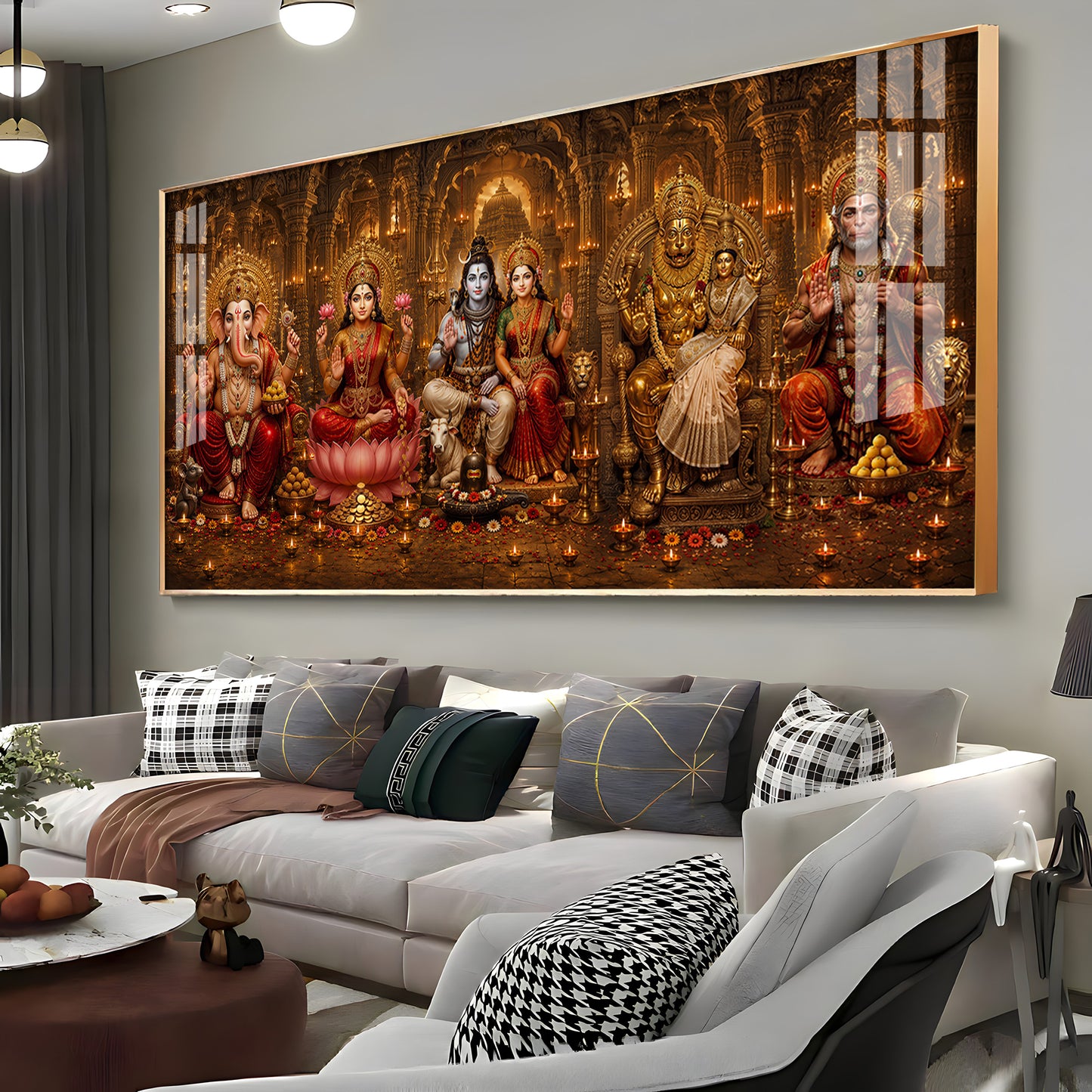 Ganesha, Lakshmi, Shiv Parvati, Narsing Dev,& Hanuman Ji Premium Acrylic Horizontal Wall Art