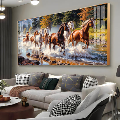 Running Horses in River Premium Acrylic Horizontal Wall Art