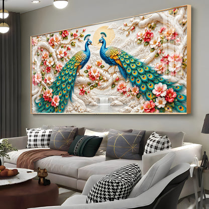 Pair of Peacocks With Flower Premium Acrylic Horizontal Wall Art