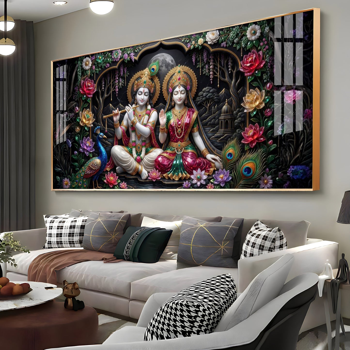 Radha Krishna Ji With Peacock Premium Acrylic Horizontal Wall Art