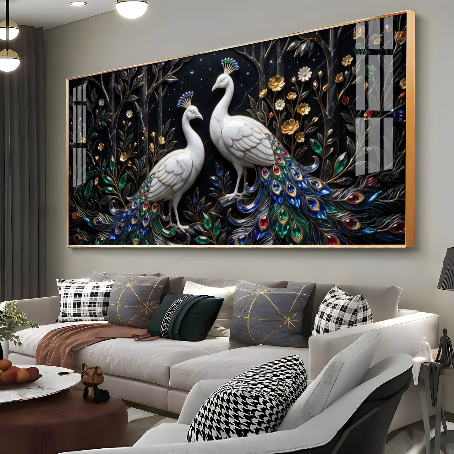 Two White Peacocks With Jewel Tails Premium Acrylic Horizontal Wall Art