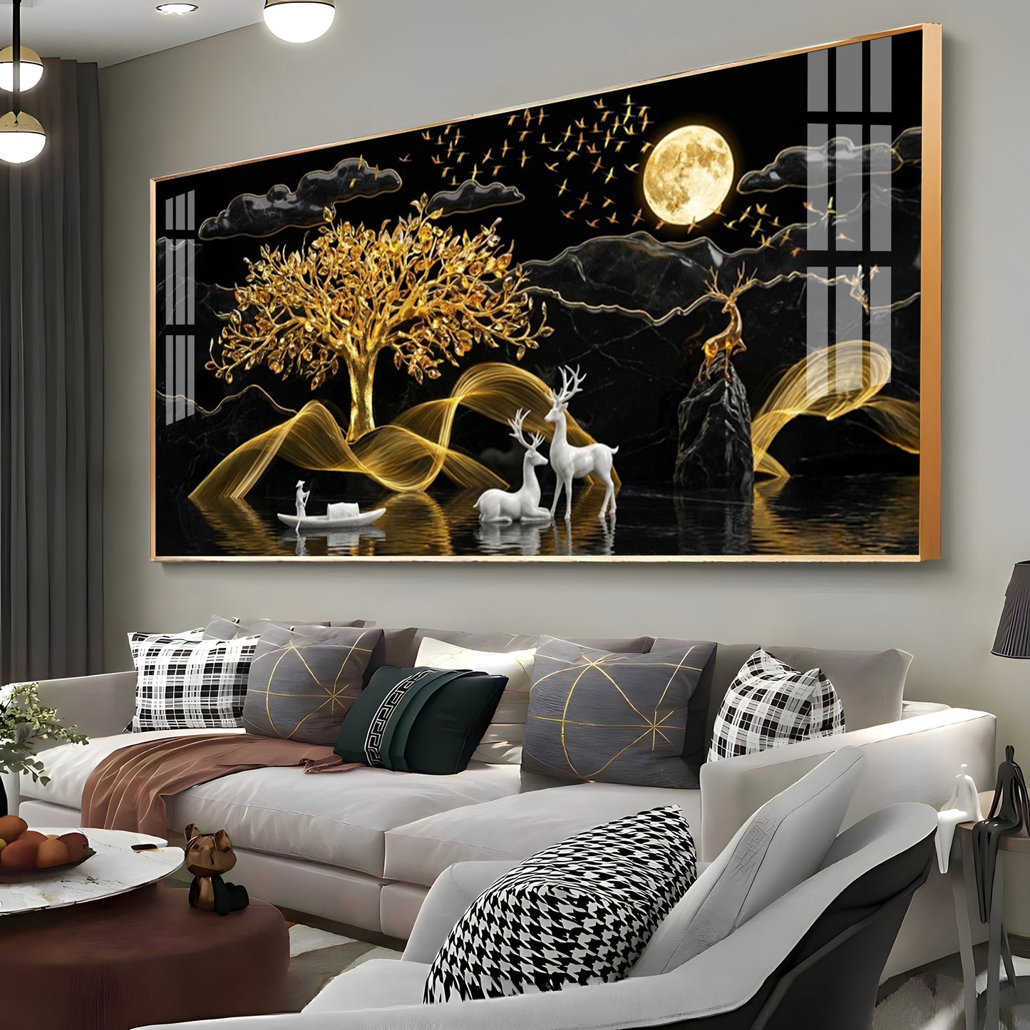 White Deer With Golden Tree Premium Acrylic Horizontal Wall Art