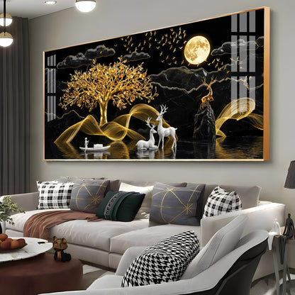 White Deer With Golden Tree Premium Acrylic Horizontal Wall Art