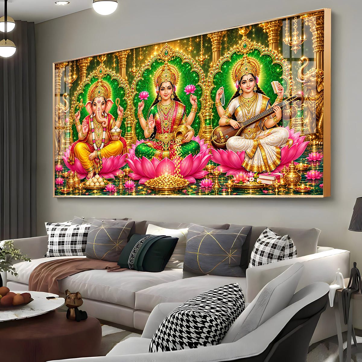 Maa Lakshmi, Ganesha Ji & Saraswati Premium Acrylic Horizontal Wall Art