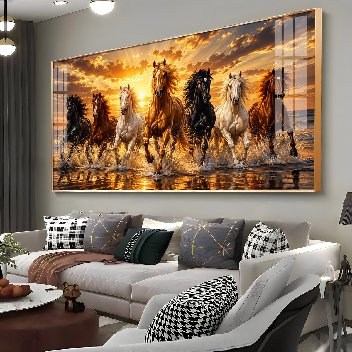Majestic Seven Horses Golden Hour Premium Acrylic Horizontal Wall Art