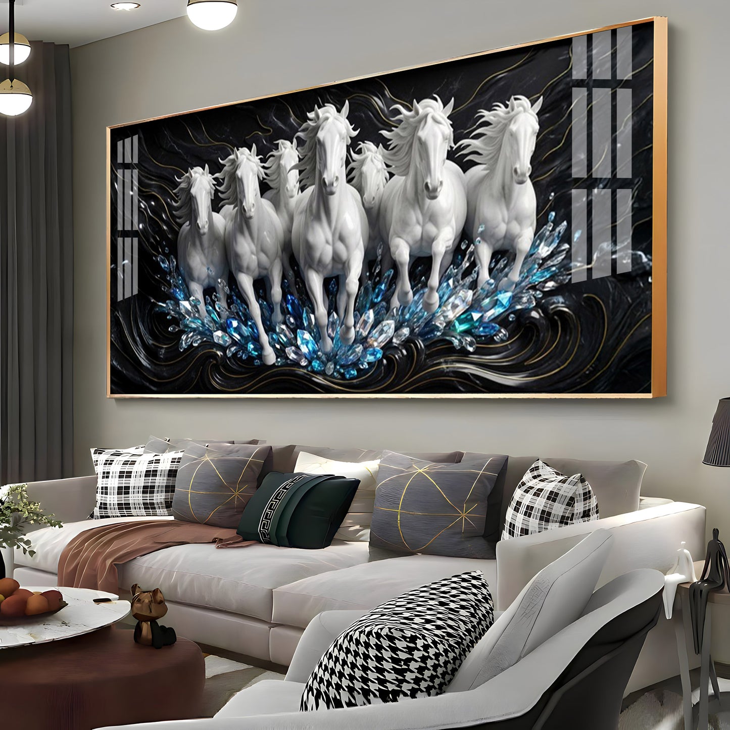 White Seven Running Horses Motivational Premium Acrylic Horizontal Wall Art