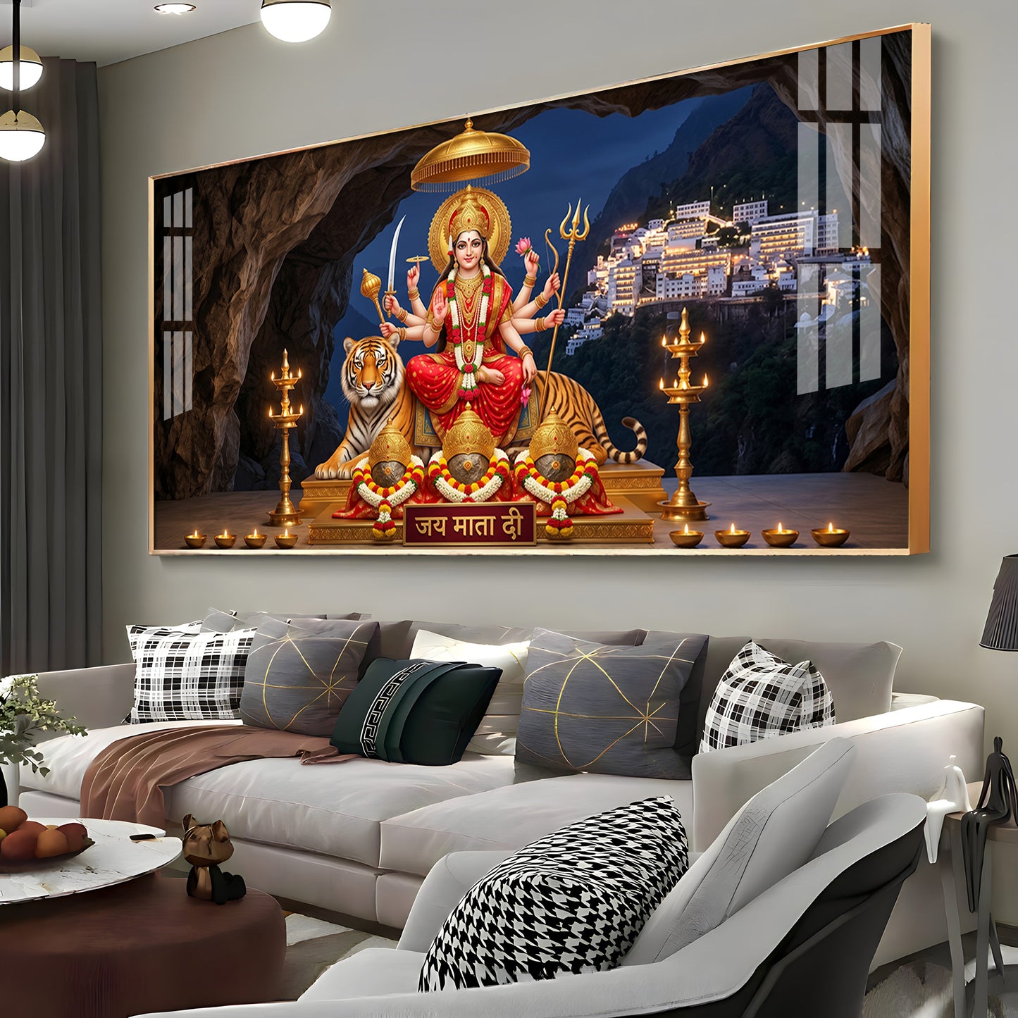 Goddess Durga With Maa Vaishno Devi Temple Premium Acrylic Horizontal Wall Art