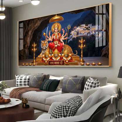 Goddess Durga With Maa Vaishno Devi Temple Premium Acrylic Horizontal Wall Art
