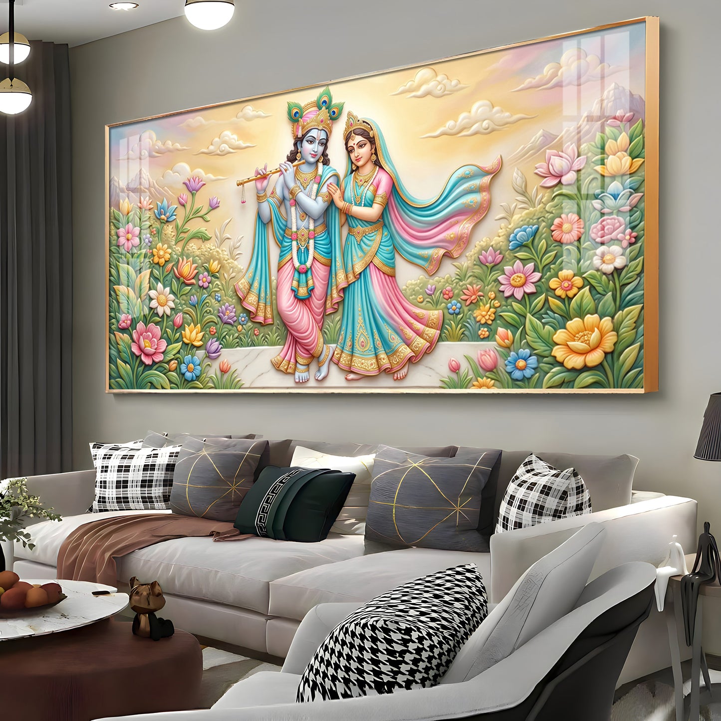 Krishna Playing The Flute Beside Radha Premium Acrylic Horizontal Wall Art
