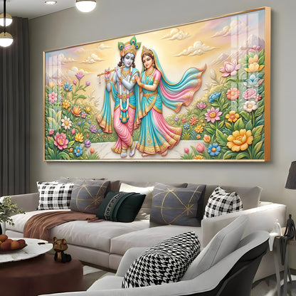 Krishna Playing The Flute Beside Radha Premium Acrylic Horizontal Wall Art