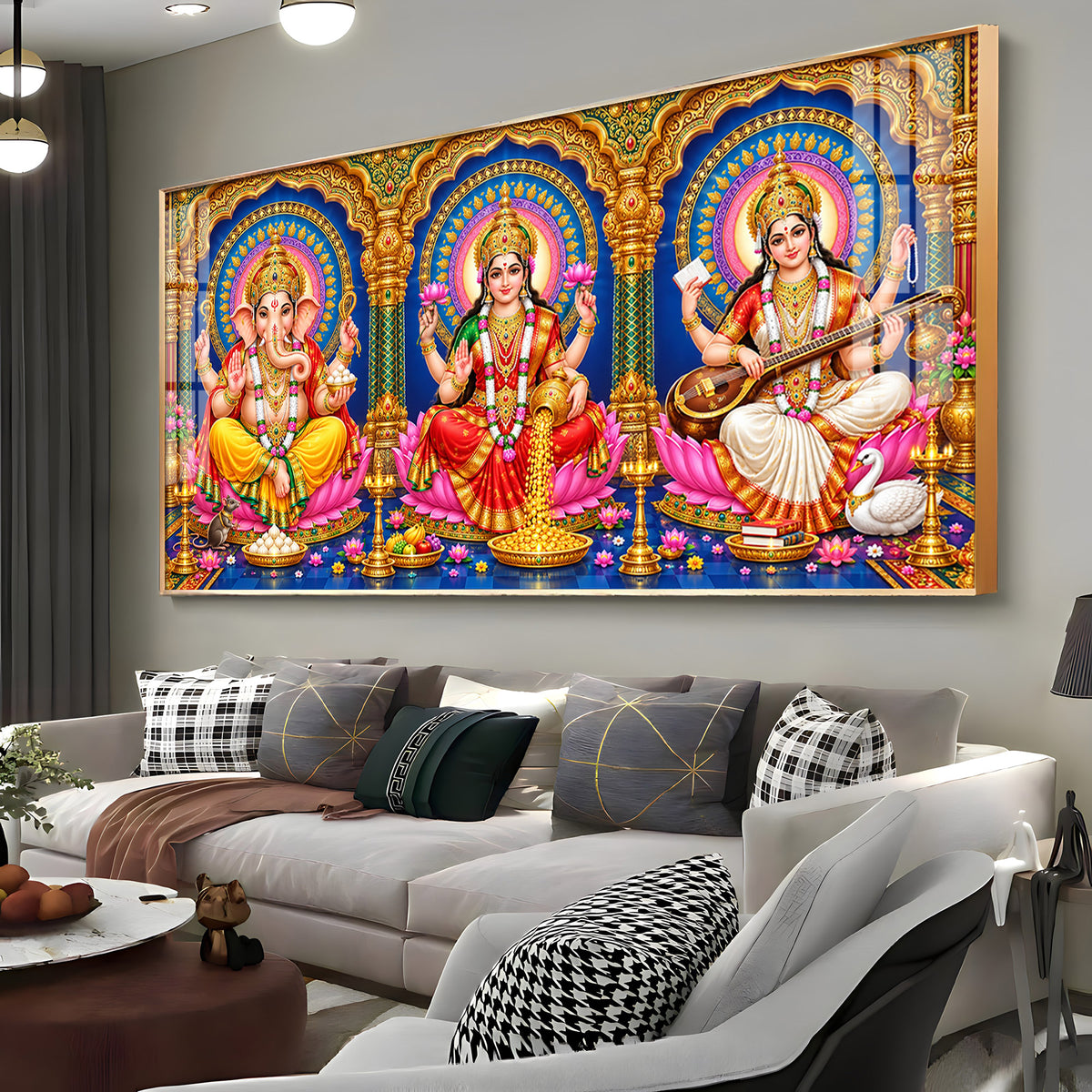 Divine Lord Ganesha, Goddess Saraswati & Goddess Lakshmi Premium Acrylic Horizontal Wall Art