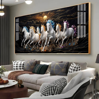 White Seven Running Vastu Lucky Horses Premium Acrylic Horizontal Wall Art