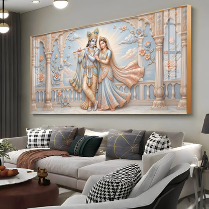 Krishna Playing The Flute Beside Radha Premium Acrylic Horizontal Wall Art