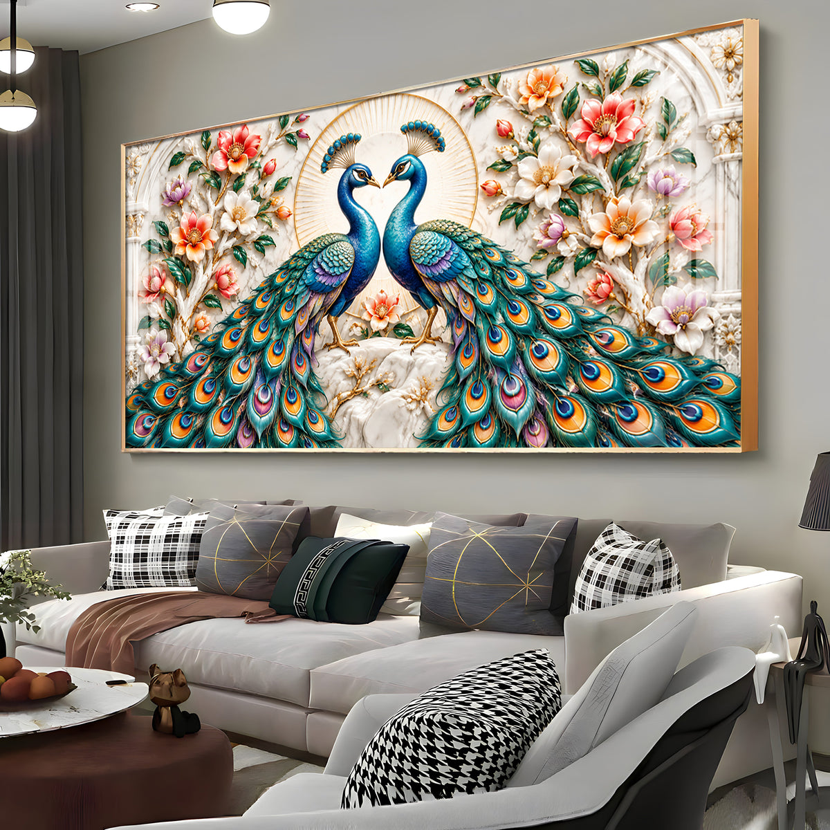 Dual Peacock Floral Premium Acrylic Horizontal Wall Art