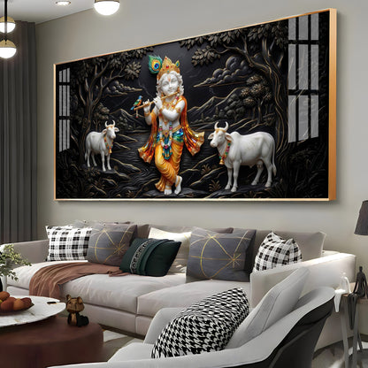 Lord Krishna With Cows Premium Acrylic Horizontal Wall Art