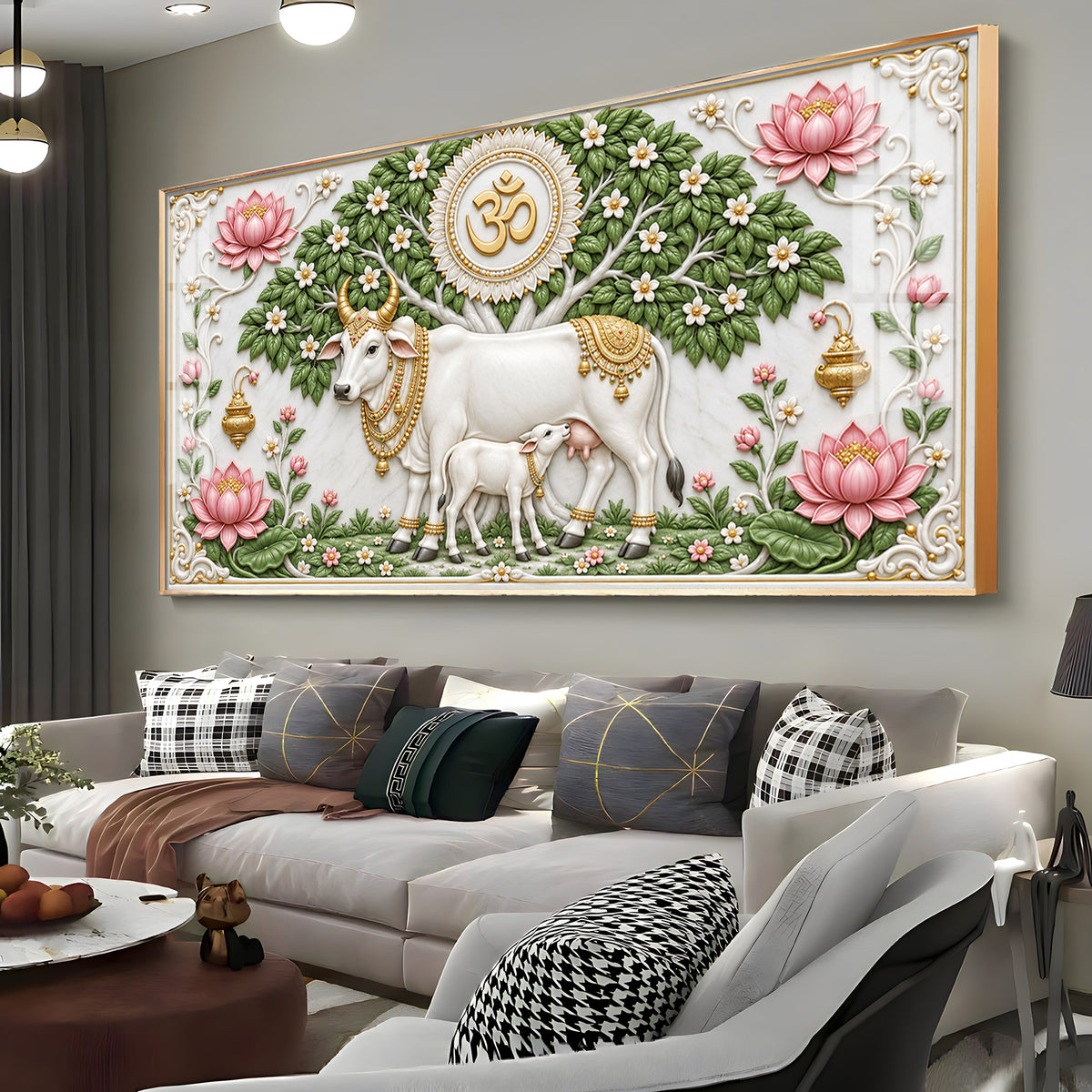 Sacred Kamdhenu Cow Calf Premium Acrylic Horizontal Wall Art