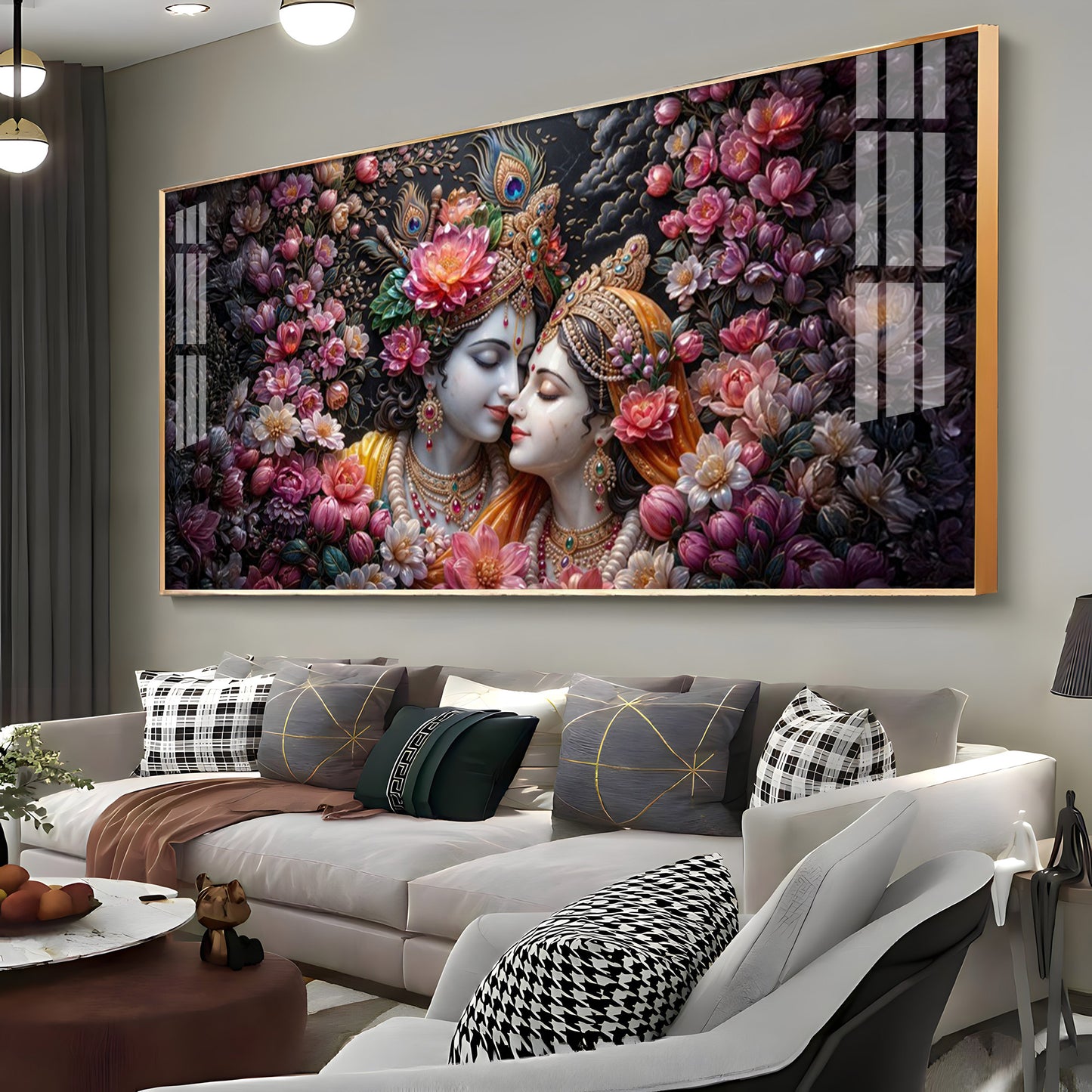 Floral Radha Krishna With Beautiful Background Premium Acrylic Horizontal Wall Art