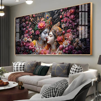 Floral Radha Krishna With Beautiful Background Premium Acrylic Horizontal Wall Art