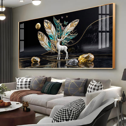White Deer With Feathers Premium Acrylic Horizontal Wall Art