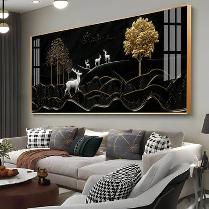Deer Mountain With Golden Tree Premium Acrylic Horizontal Wall Art