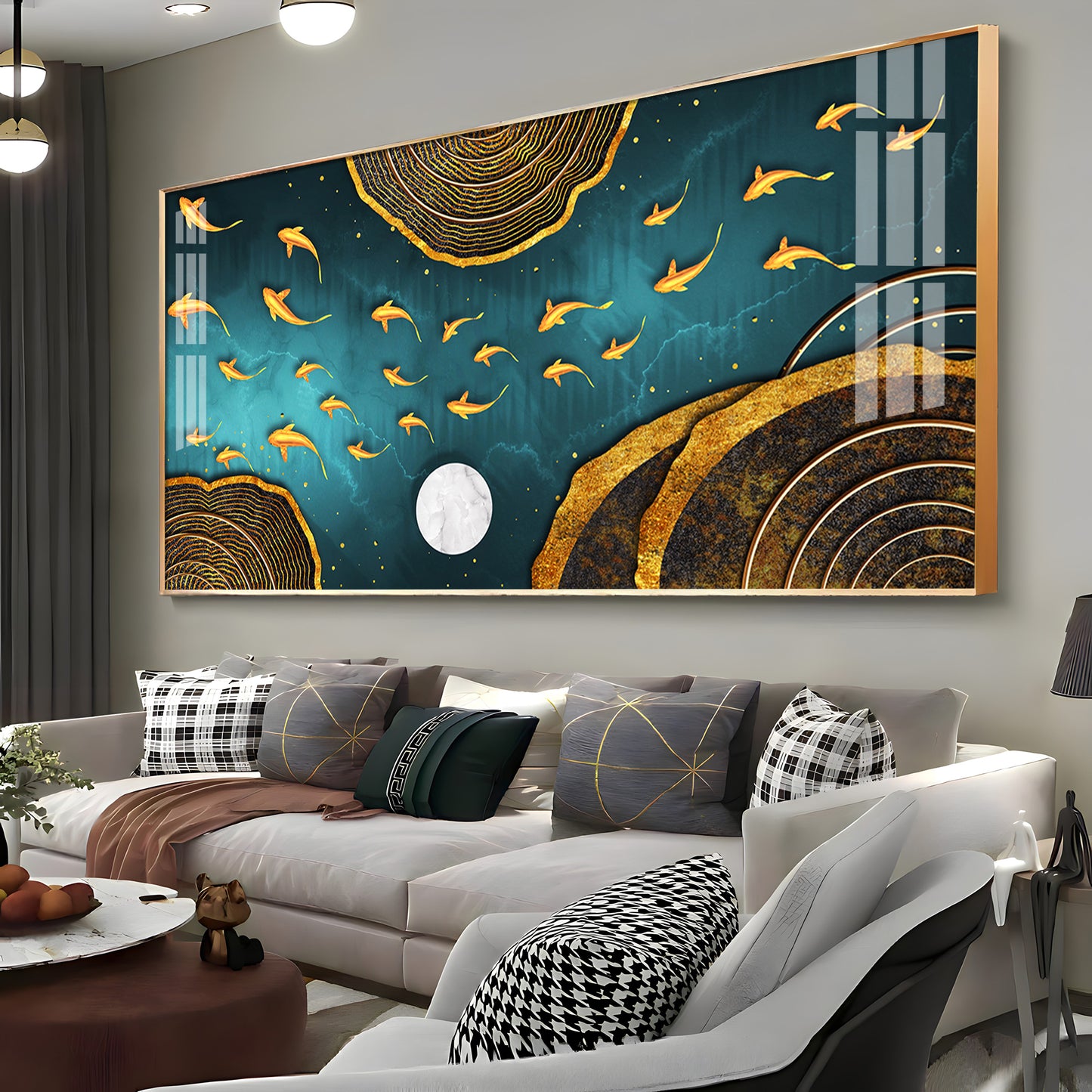 Features Golden Koi Fish Premium Acrylic Horizontal Wall Art