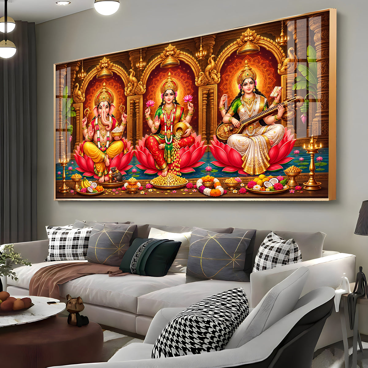 Lord Ganesha, Goddess Lakshmi and Goddess Saraswati Premium Acrylic Horizontal Wall Art