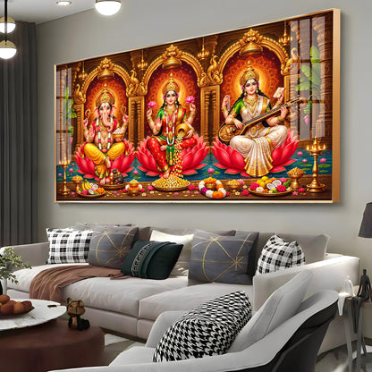Lord Ganesha, Goddess Lakshmi and Goddess Saraswati Premium Acrylic Horizontal Wall Art