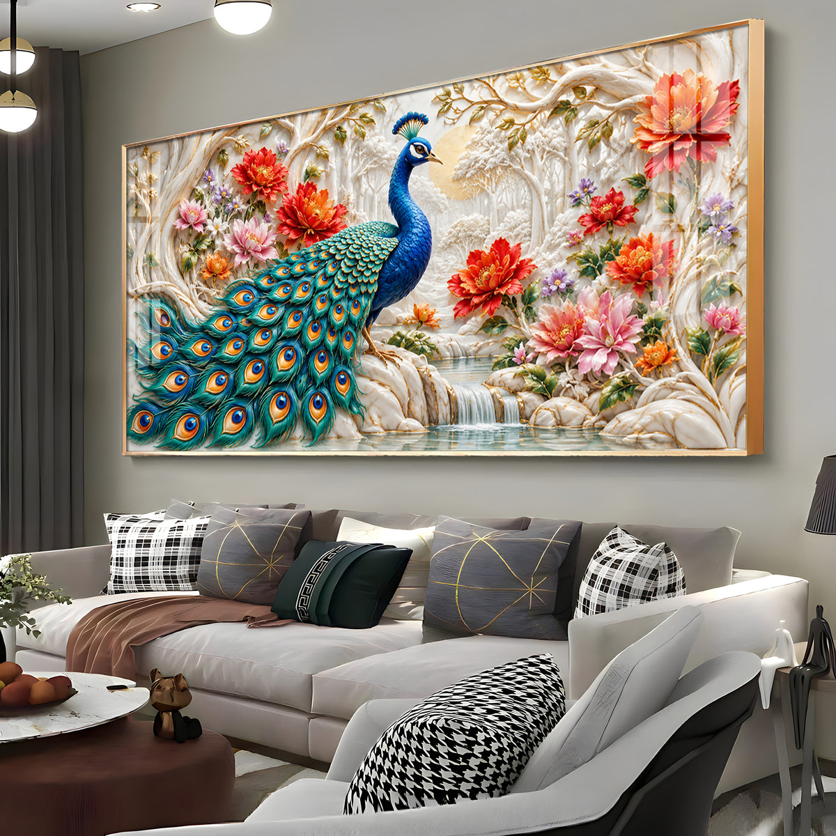 Vibrant Peacock With Floral Premium Acrylic Horizontal Wall Art