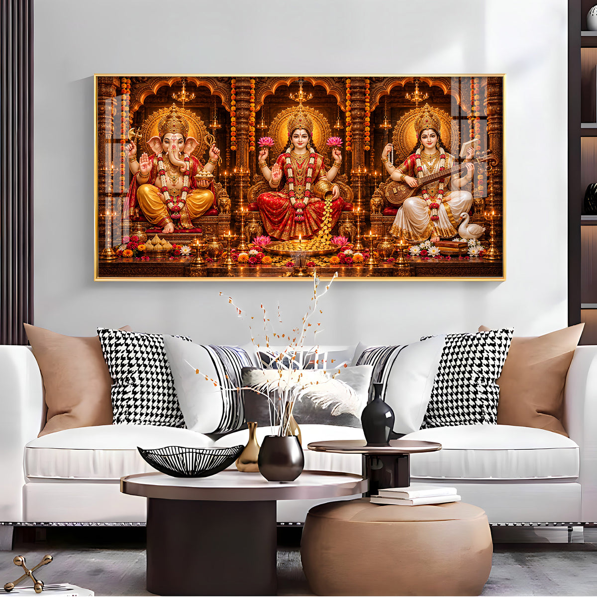 Shri Ganesha, Goddess Lakshmi, and Goddess Saraswati Premium Acrylic Horizontal Wall Art