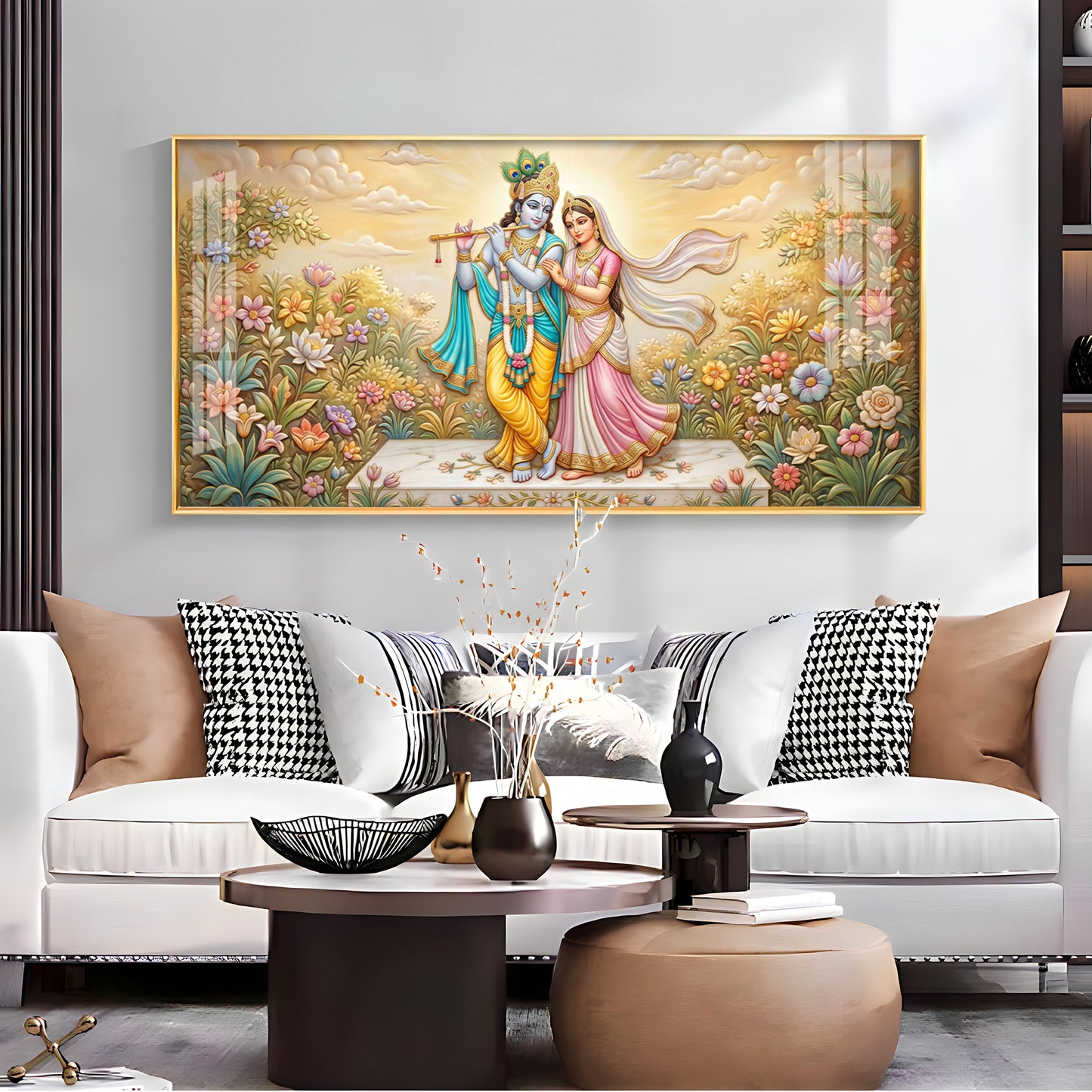 Radha Krishna Surrounded By Flowers Premium Acrylic Horizontal Wall Art