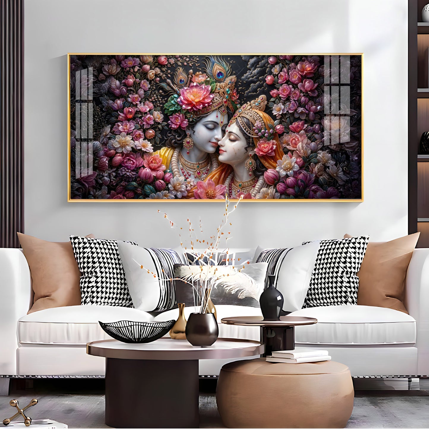 Floral Radha Krishna With Beautiful Background Premium Acrylic Horizontal Wall Art
