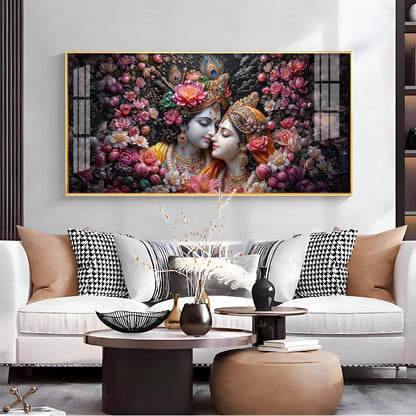 Floral Radha Krishna With Beautiful Background Premium Acrylic Horizontal Wall Art