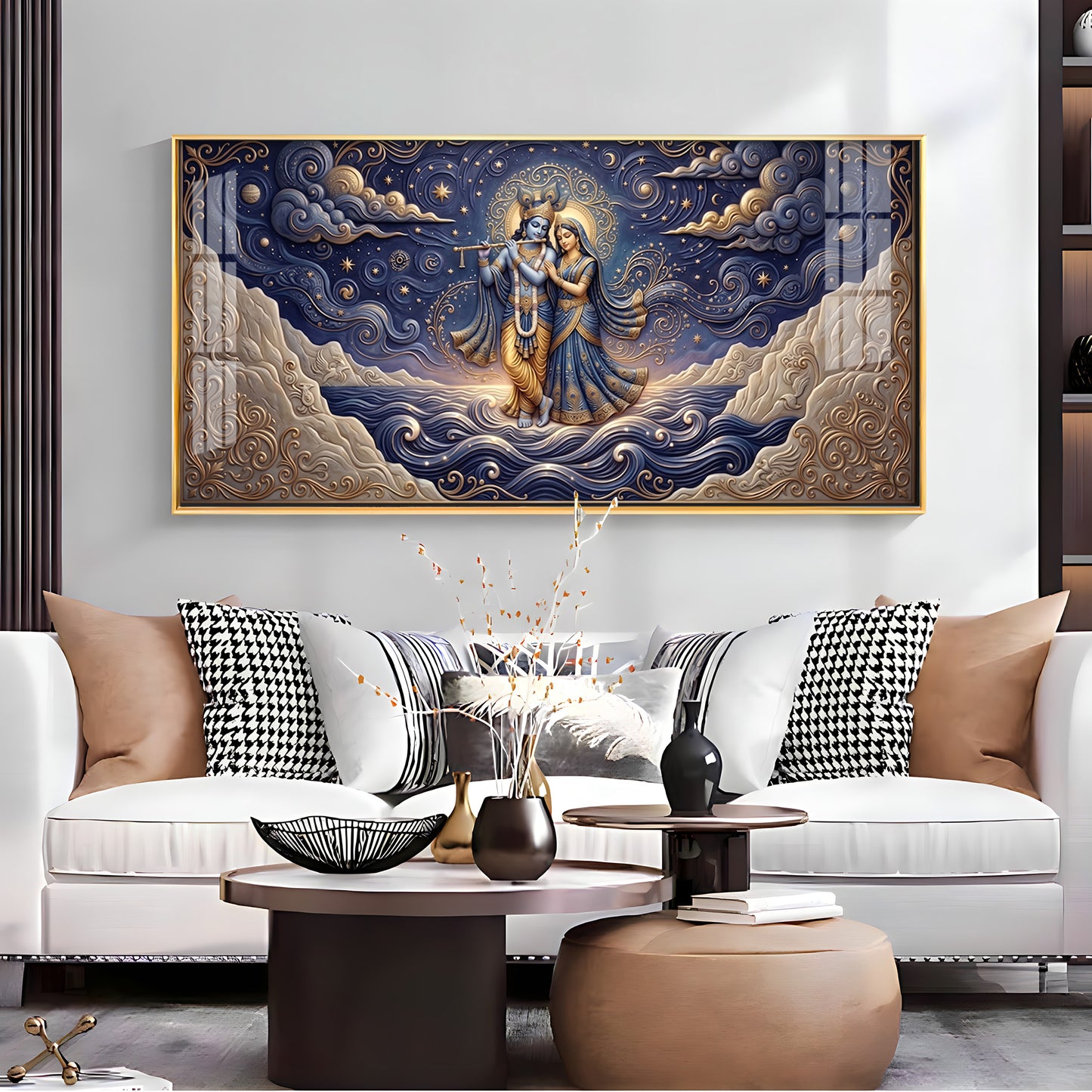Radha Krishna Depicted In A Celestial Blue Premium Acrylic Horizontal Wall Art