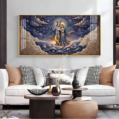 Radha Krishna Depicted In A Celestial Blue Premium Acrylic Horizontal Wall Art