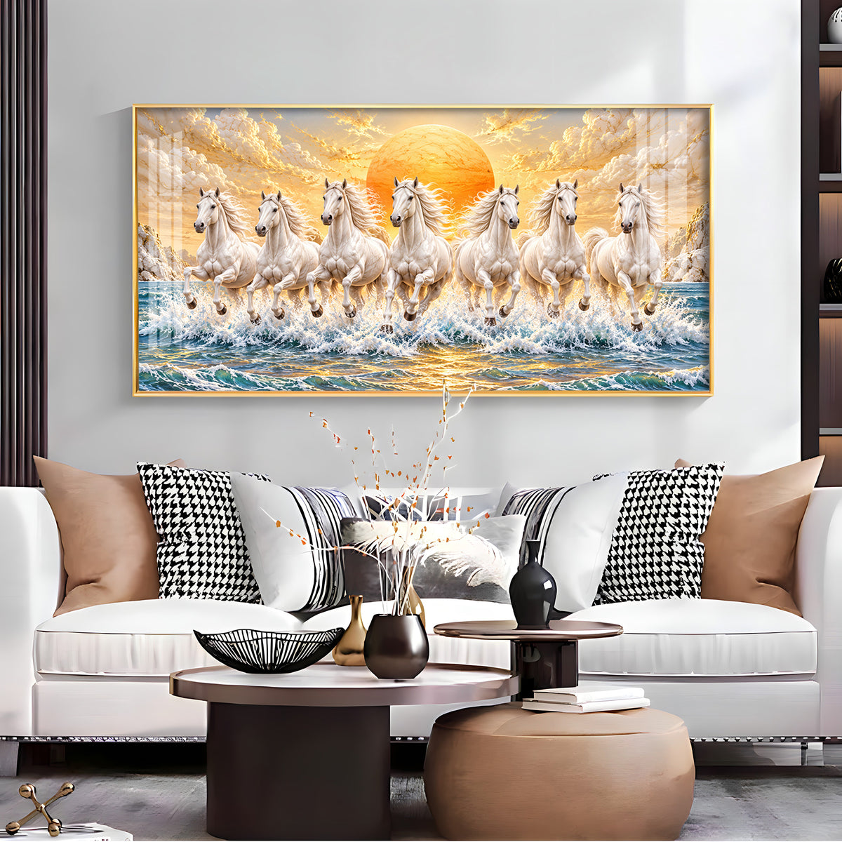 Majestic White Seven Running Horses In sun Rise Premium Acrylic Horizontal Wall Art