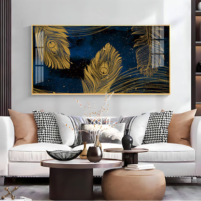 Gold Metallic Peacock Feathers Premium Acrylic Horizontal Wall Art