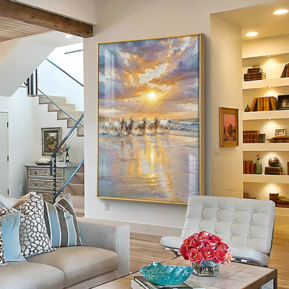 Depicting Seven White Horses Running Premium Acrylic Vertical Wall Art