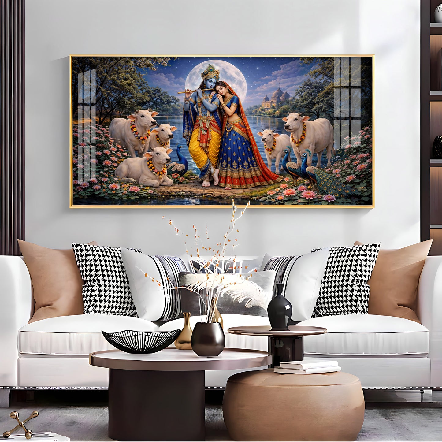 Shri Radha Krishna With Cow Premium Acrylic Horizontal Wall Art