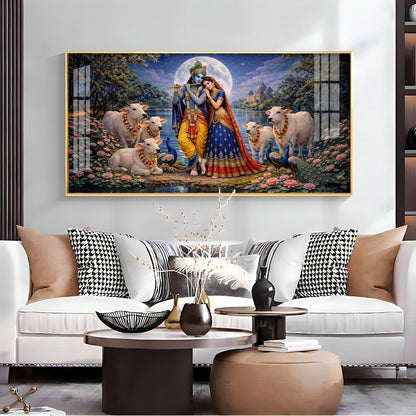 Shri Radha Krishna With Cow Premium Acrylic Horizontal Wall Art