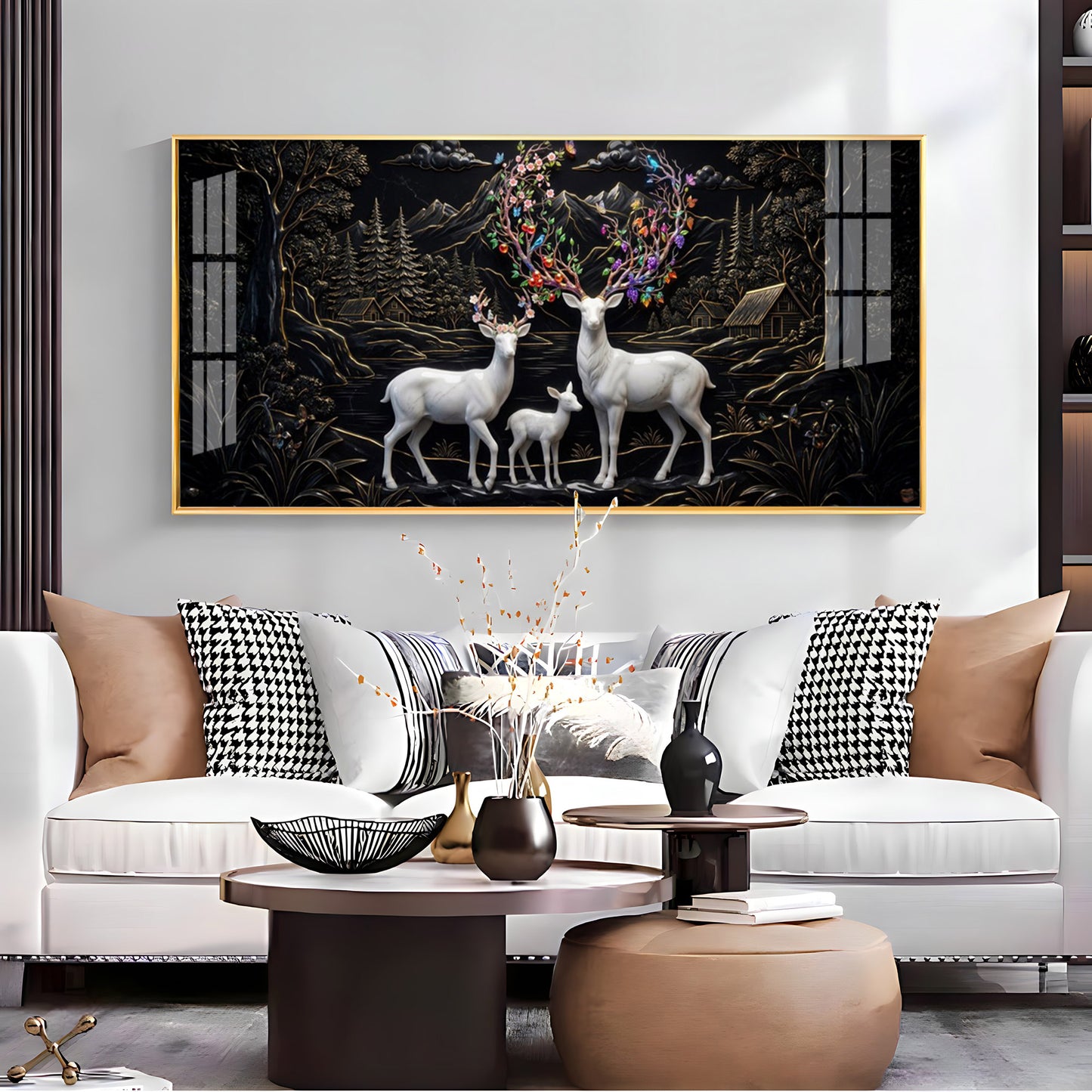 Family of Deer With Colorful Antlers Premium Acrylic Horizontal Wall Art