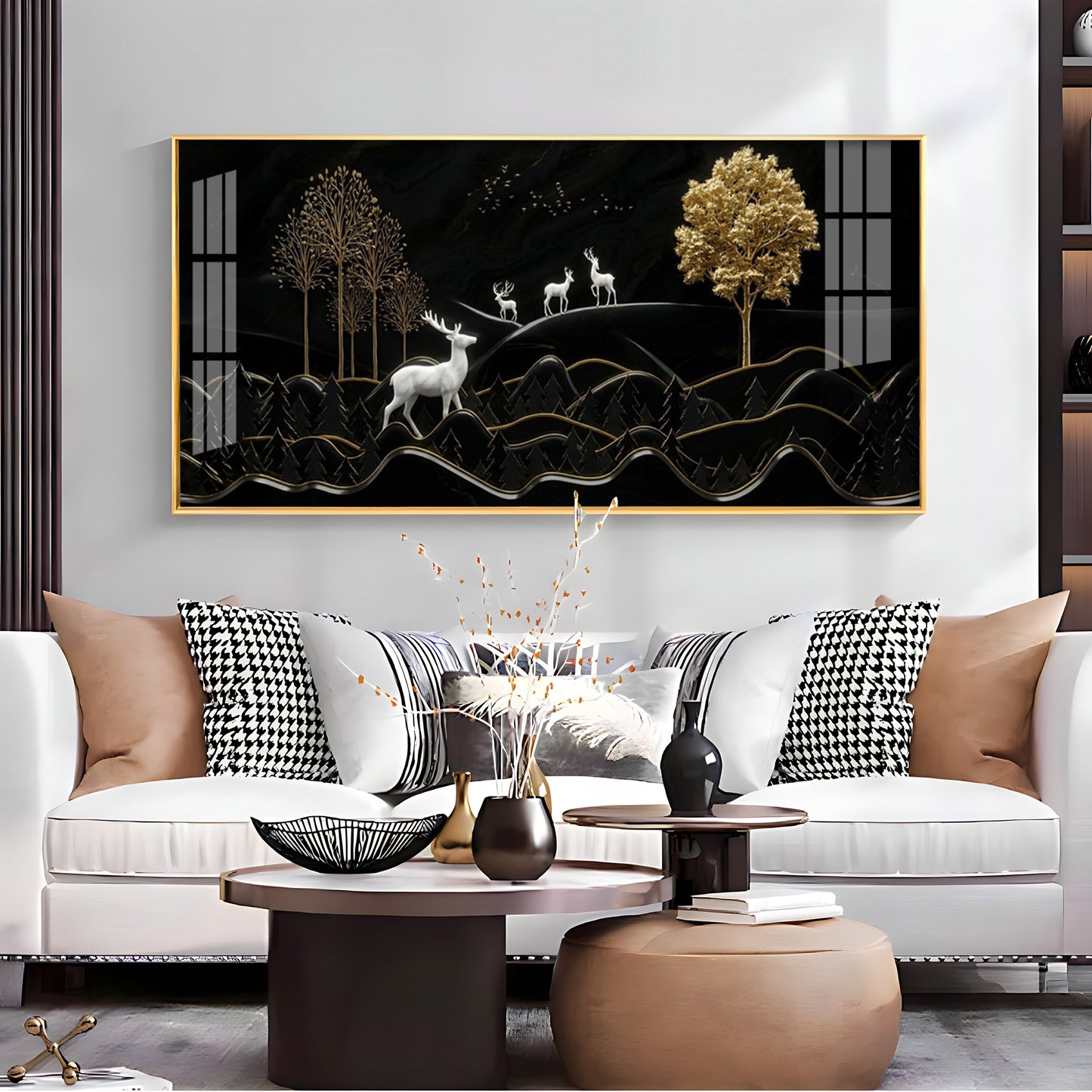 Deer Mountain With Golden Tree Premium Acrylic Horizontal Wall Art