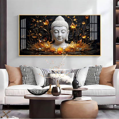 Gold Flower Meditating Buddha Premium Acrylic Horizontal Wall Art