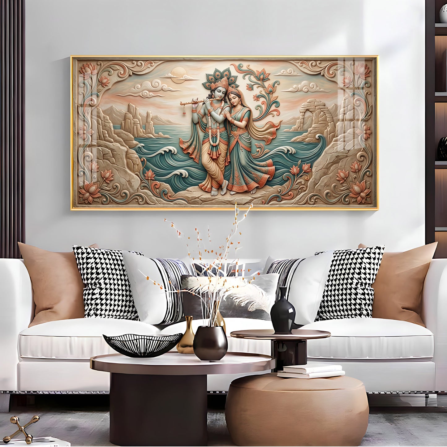 Radha Krishna With Flowers Premium Acrylic Horizontal Wall Art