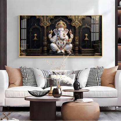White & Gold Lord Ganesha Premium Acrylic Horizontal Wall Art
