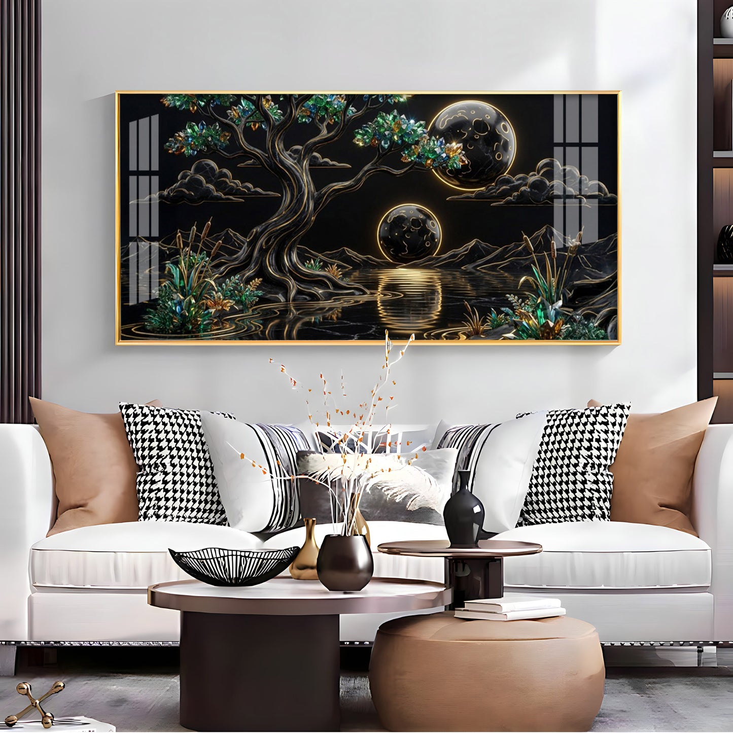 Tree & Sacred Mountains With Black & Gold Premium Acrylic Horizontal Wall Art